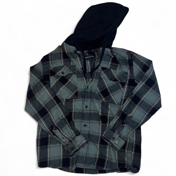 Black and Green Flannel Hooded Button Up - Picture 1 of 2